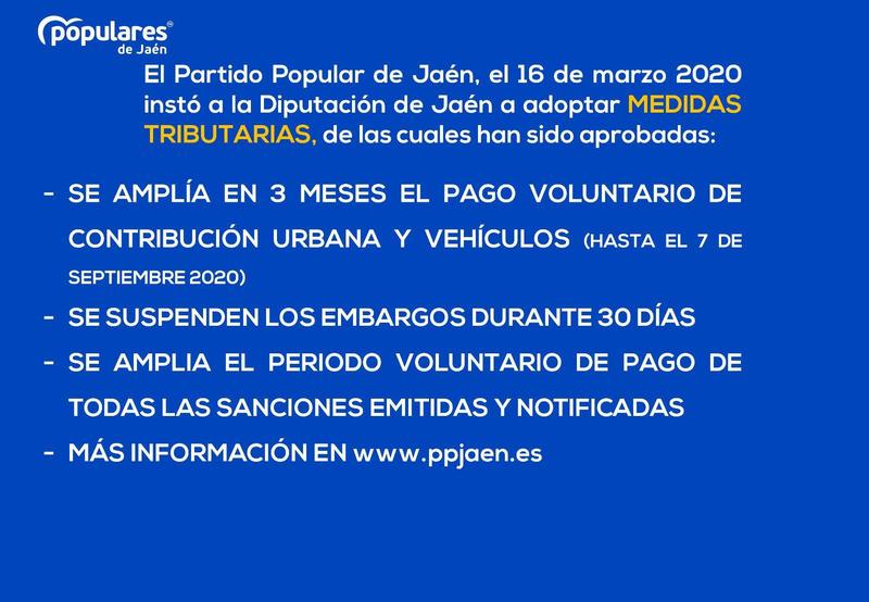 El PP de Jaén muestra su satisfacción por la ampliación del periodo de pago de impuestos y otras medidas solicitadas por el GPP en la Diputación